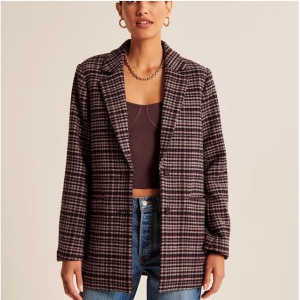 Abercrombie & Fitch Wool Blend Plaid Blazer Coat Brown Size S